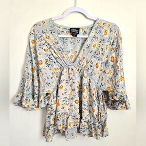 Women's Angie Floral V-neck Floral Top Medium Batwing Sleeve Boho Costal Cali
